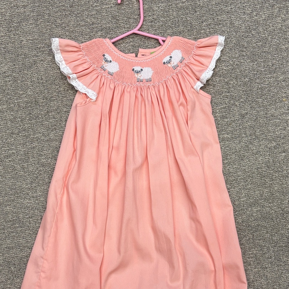 Pink Smocked Dress with Sheep Embroidery- classic whimsy